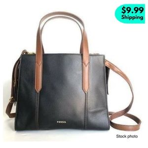 *NWOT* FOSSIL Medium Black Brown Leather “Sara” Satchel Crossbody Bag